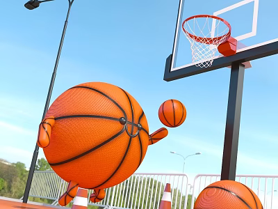 Fun Outdoor Basketball Court Featuring Cartoon Basketball Dribbling Small Ball Hoop And White Fence 3d model