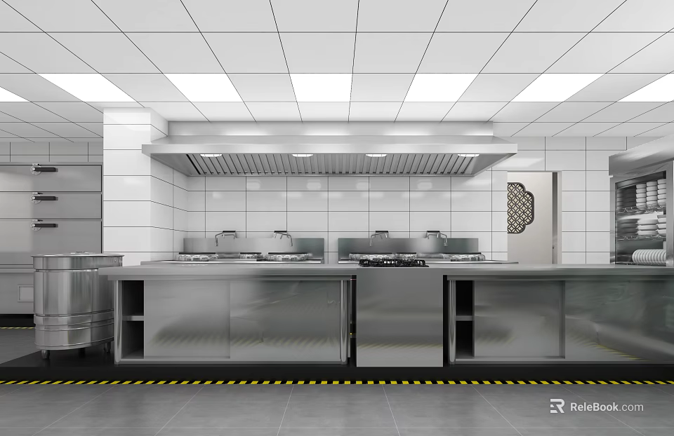Restaurant Commercial Kitchen Featuring Stainless Steel Equipment White Tiled Walls And Recessed Lights 3d model 