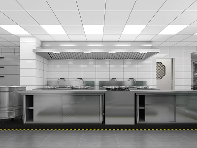 Restaurant Commercial Kitchen Featuring Stainless Steel Equipment White Tiled Walls And Recessed Lights 3d model