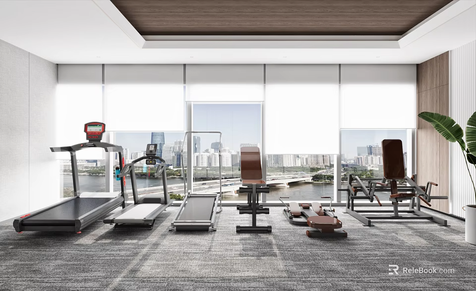 Modern Gym With Fitness Equipment And City View Through Large Windows 3d model 