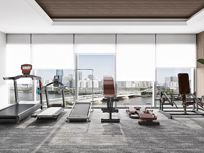 Modern Gym With Fitness Equipment And City View Through Large Windows 3d model