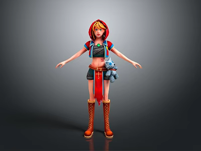 Colorful 3D Character Model With Red Hair Outfit Blue Doll And Brown Boots 3d model
