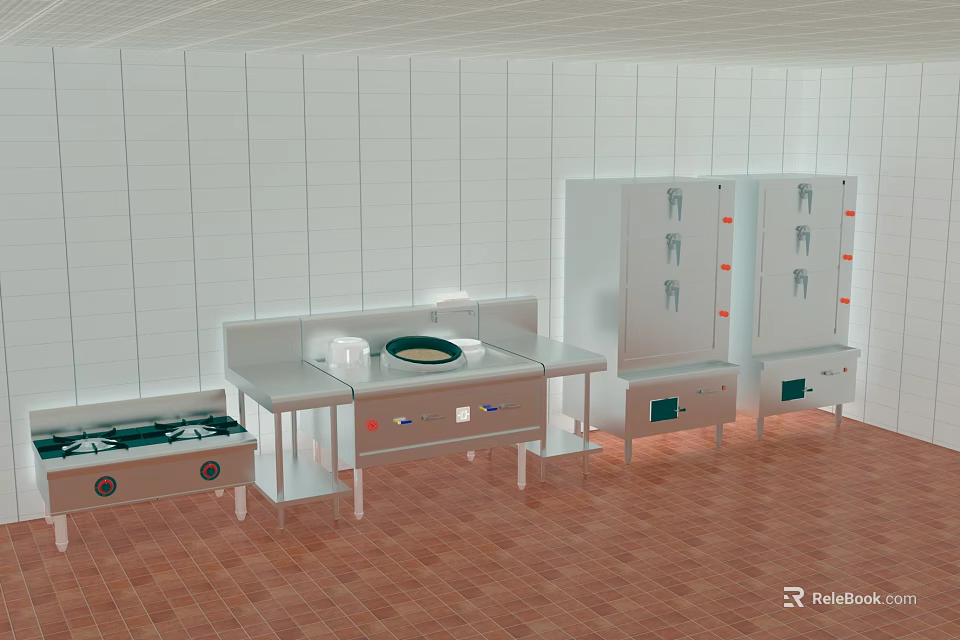 Commercial Kitchen With White Tiled Walls Brown Floor Stainless Steel Workbench And Cabinets 3d model 