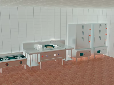 Commercial Kitchen With White Tiled Walls Brown Floor Stainless Steel Workbench And Cabinets 3d model