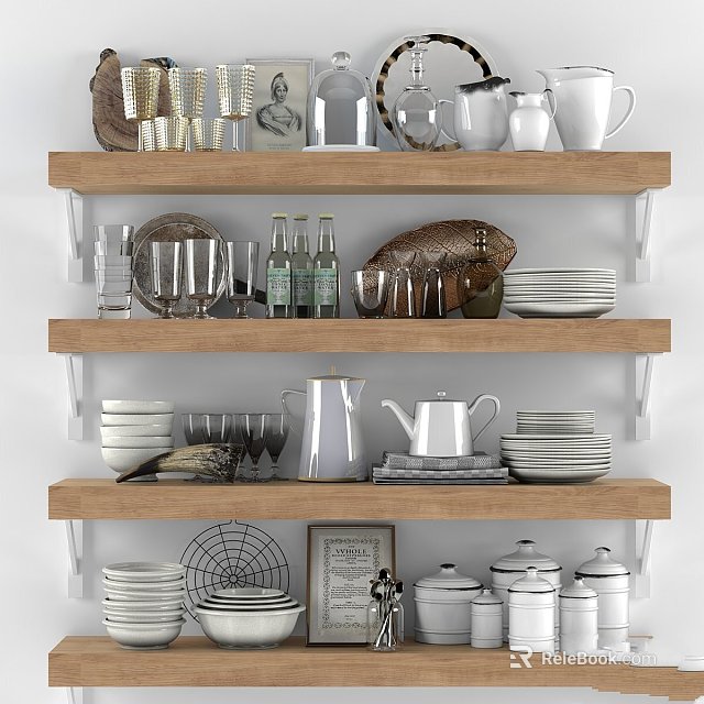 Stylish Tableware Set With Ceramic Plates Glasses Bowls And Kettle On Wooden Shelves 3d model 