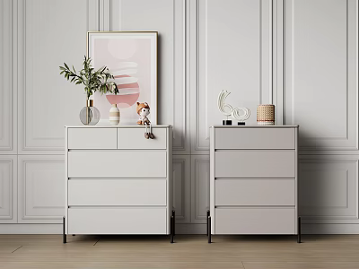 Modern Style White Dressers With Decorative Pieces On Top And Light Walls 3d model