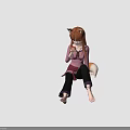 Anime Girl With Fox Ears Sitting In Pink Top Black Pants Barefoot On Green Background