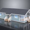 Light Blue Wooden House With Gray Roof White Railings Porch Steps And Windows