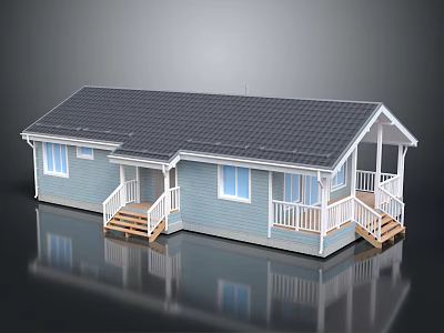 Light Blue Wooden House With Gray Roof White Railings Porch Steps And Windows 3d model