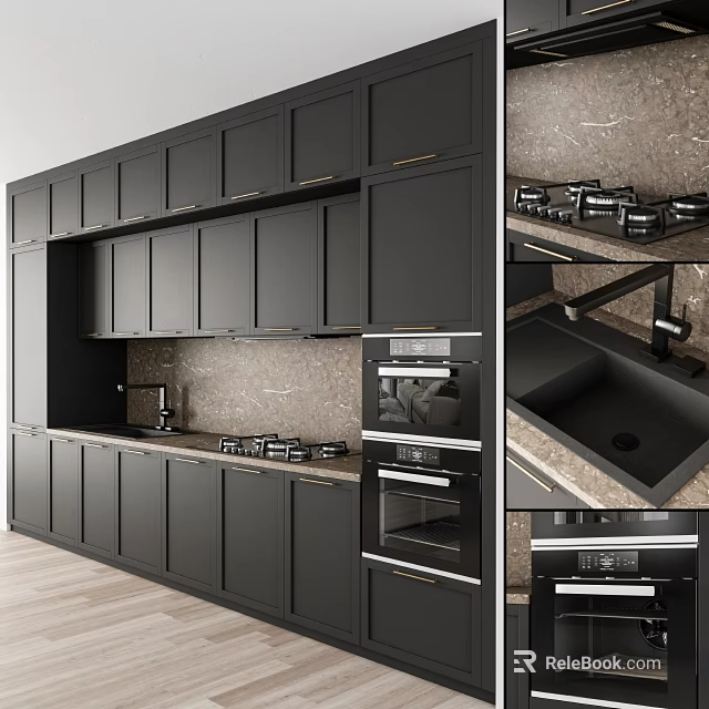 Modern Kitchen With Black Cabinets Built In Oven And Marble Countertop 3d model 