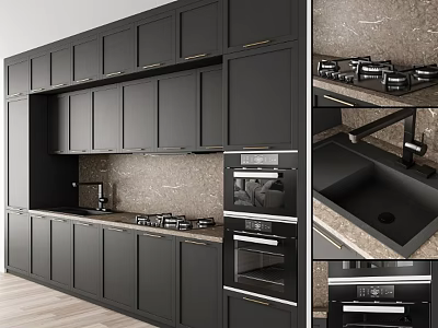Modern Kitchen With Black Cabinets Built In Oven And Marble Countertop 3d model