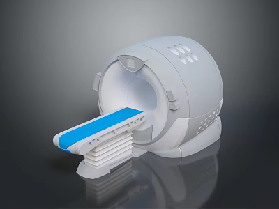 3D Rendered MRI Scanner with White Body and Blue Examination Table for Medical Imaging 3d model
