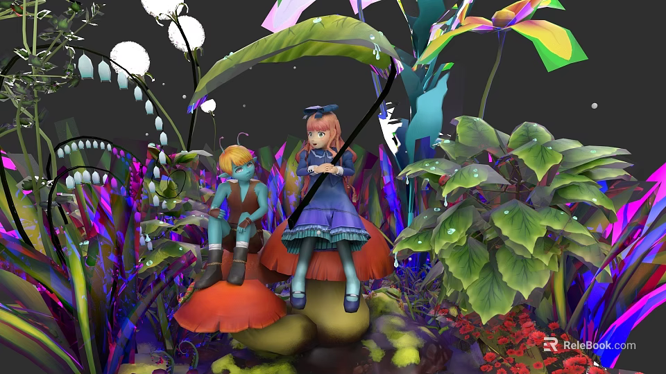 Vibrant Flowers And Lush Plants With Mushroom And Characters In Magical Garden 3d model 