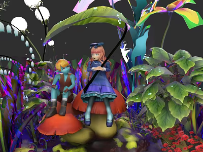 Vibrant Flowers And Lush Plants With Mushroom And Characters In Magical Garden 3d model