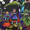 Vibrant Flowers And Lush Plants With Mushroom And Characters In Magical Garden
