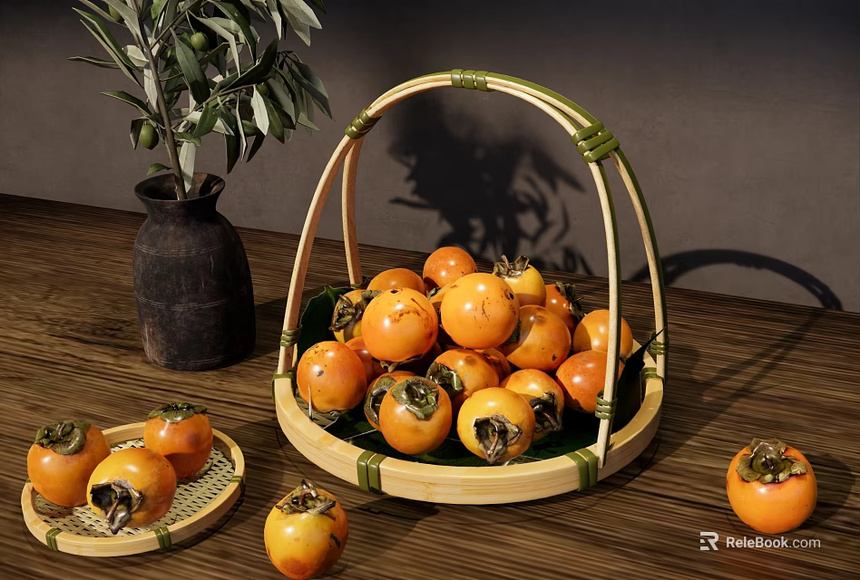 Fresh Persimmons in Bamboo Basket on Wooden Table with Small Plates and Green Plant 3d model 