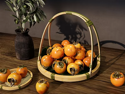Fresh Persimmons in Bamboo Basket on Wooden Table with Small Plates and Green Plant 3d model