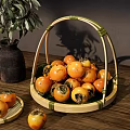 Fresh Persimmons in Bamboo Basket on Wooden Table with Small Plates and Green Plant