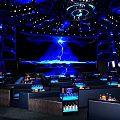 Modern Bar Interior With Blue Lighting Stage Leather Sofa Seats And Bar Counter