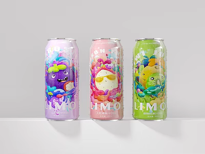 Colorful LIMO Beverage Cans with Purple Pink Green Designs and Cartoon Characters 3d model