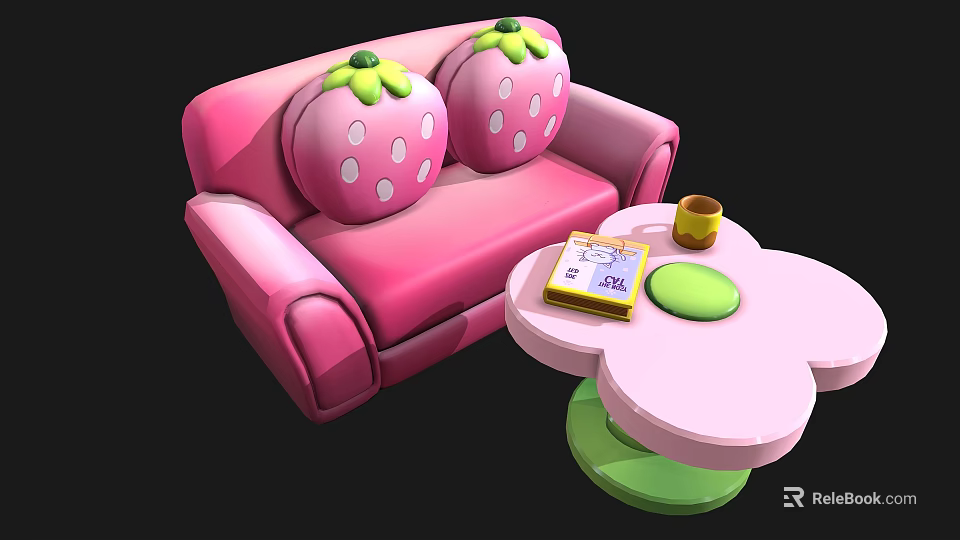Pink Flower Shaped Table And Chair Set With Strawberry Cushions Yellow Cup And Book 3d model 
