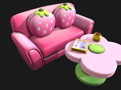 Pink Flower Shaped Table And Chair Set With Strawberry Cushions Yellow Cup And Book 3d model