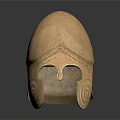 Golden Vintage Helmet Sculpture With Detailed Carving Patterns And Reflective Base