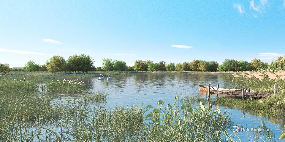 Tranquil Park Landscape With Calm Water Swans Green Trees Reeds And Blue Sky 3d model 