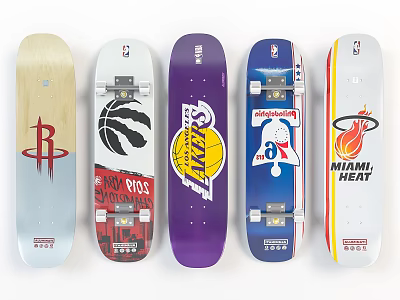 Assorted Skateboards With NBA Team Logos Featuring Different Basketball Team Designs 3d model