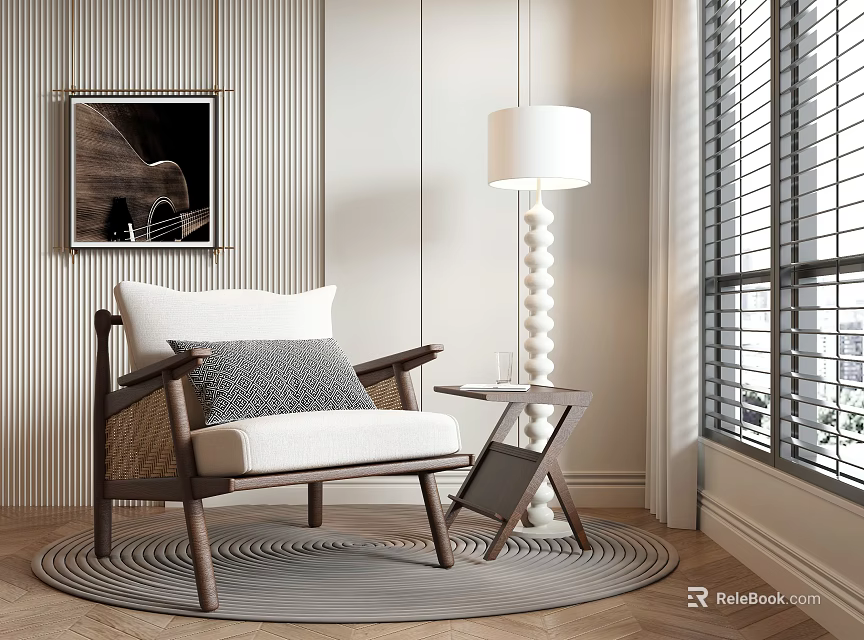 Modern Accent Chair with Side Table Floor Lamp Striped Wall Window and Rug 3d model 