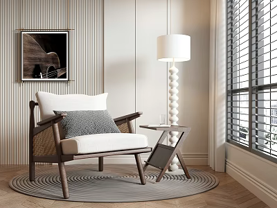 Modern Accent Chair with Side Table Floor Lamp Striped Wall Window and Rug 3d model