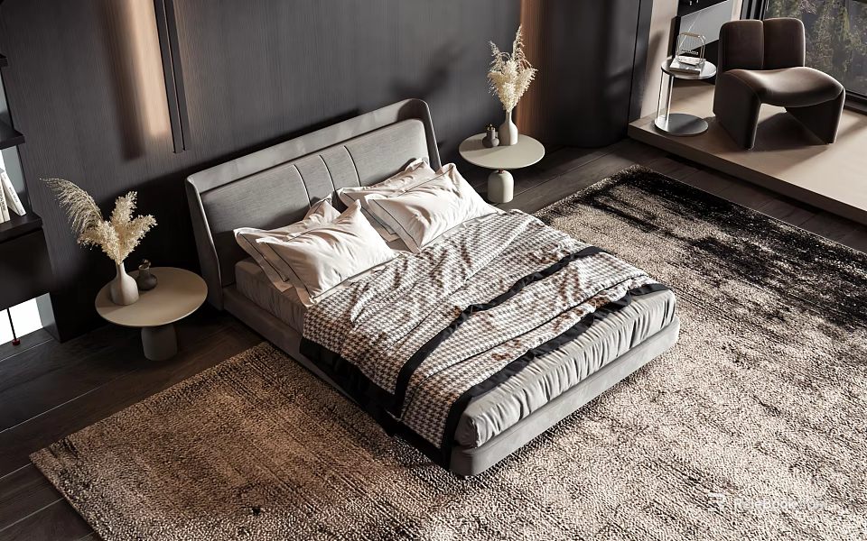 Modern Double Bed with Gray Headboard Striped Bedding Round Nightstands and Dried Flower Vases 3d model 