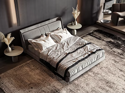 Modern Double Bed with Gray Headboard Striped Bedding Round Nightstands and Dried Flower Vases 3d model