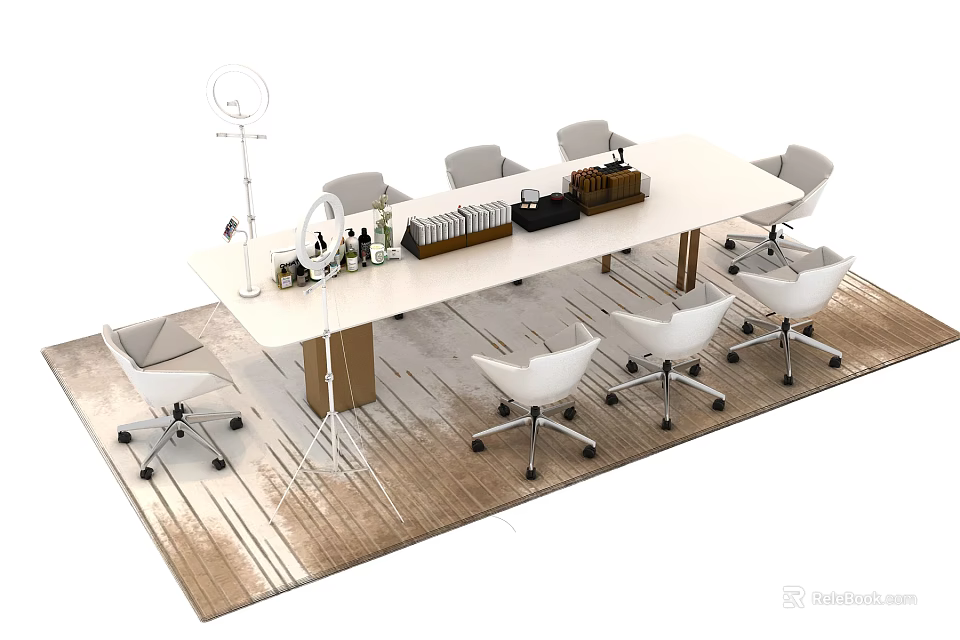Modern Office Conference Table Featuring White Top Wooden Legs Eight White Chairs And Tabletop Tray 3d model 