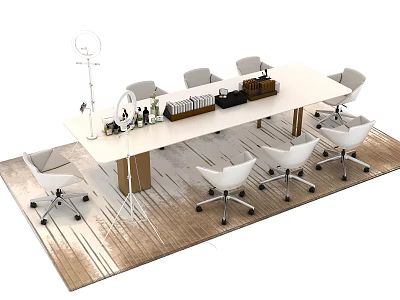 Modern Office Conference Table Featuring White Top Wooden Legs Eight White Chairs And Tabletop Tray 3d model