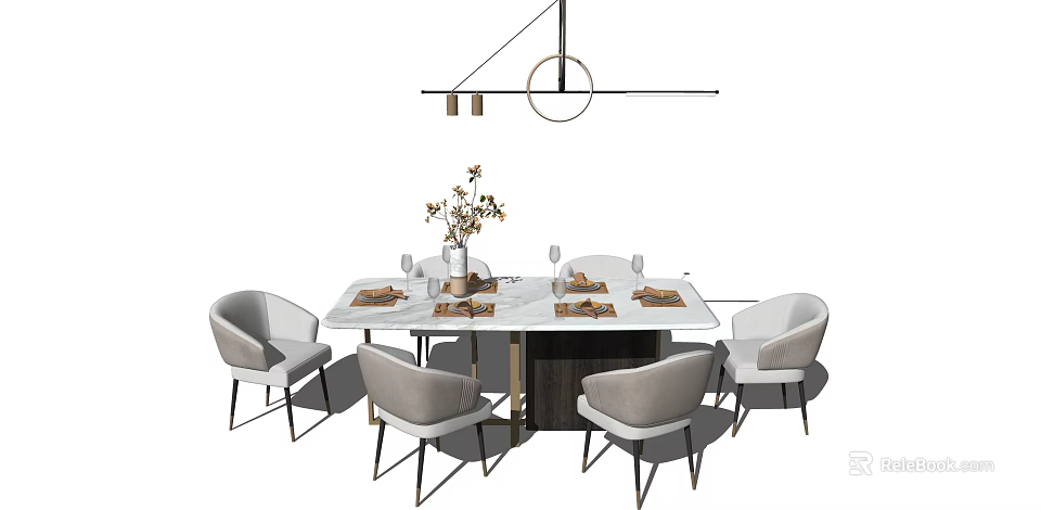 Modern Dining Table Set with Marble Top Gray Upholstered Chairs and Hanging Light Decor 3d model