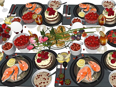 Assorted Delicious Food Platter With Lobster Cake Strawberries Berries And Flowers 3d model