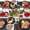 Assorted Delicious Food Platter With Lobster Cake Strawberries Berries And Flowers
