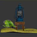 Wooden Stool With Blue Kerosene Lamp And Green Leaf On Yellow Textured Ground