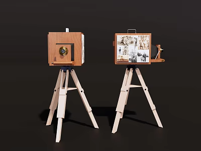 Vintage Cameras Placed on Wooden Tripods with Classic Design and Retro Look 3d model