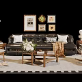 Stylish Black Leather Sofa and Wooden Coffee Table Set with Throw Pillows Wall Art on Patterned Rug and Rocking Chair