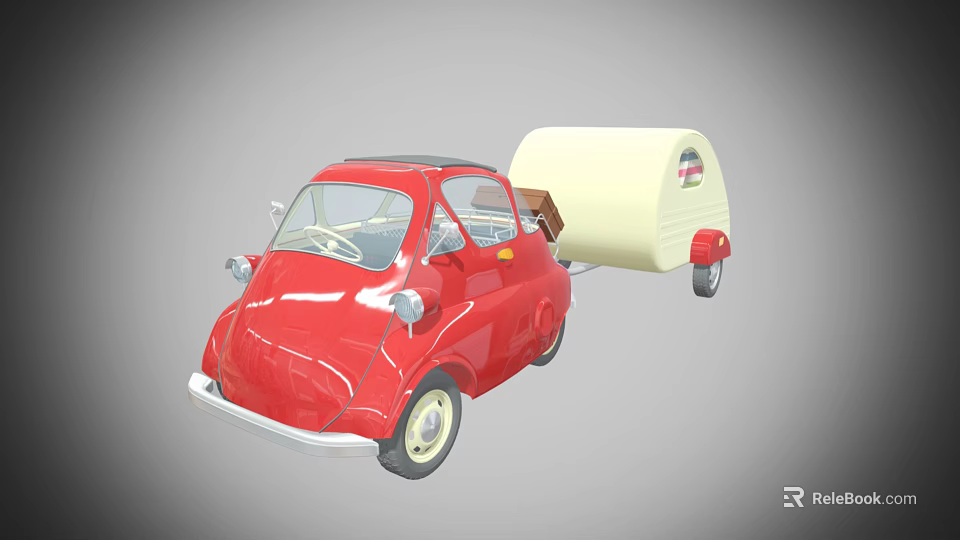 Vintage Red Classic Car Towing Cream Colored Trailer With Small Windows 3d model 