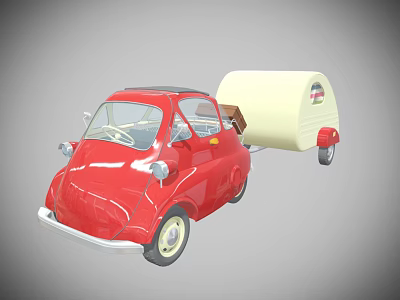 Vintage Red Classic Car Towing Cream Colored Trailer With Small Windows 3d model