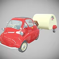 Vintage Red Classic Car Towing Cream Colored Trailer With Small Windows