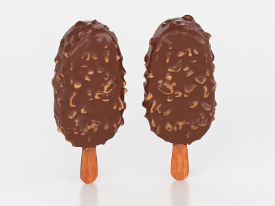 Chocolate Covered Ice Cream Bars with Crunchy Nut Toppings on Wood Sticks 3d model