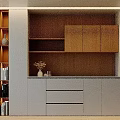Modern Interior Wooden Sideboard With Grey Drawers Open Shelves And Decorations