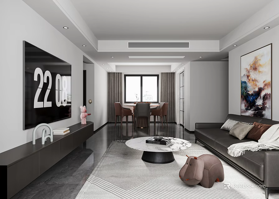 Modern Living And Dining Room Interior Design With Sofa Coffee Table Dining Chairs And Artwork 3d model 