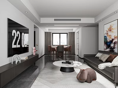 Modern Living And Dining Room Interior Design With Sofa Coffee Table Dining Chairs And Artwork 3d model