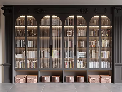 Dark Wooden Arched Bookcase With Multiple Shelves Filled With Books And Storage Baskets 3d model