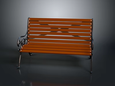 Brown Wooden Bench With Metal Decorative Armrests Slatted Seat And Backrest 3d model